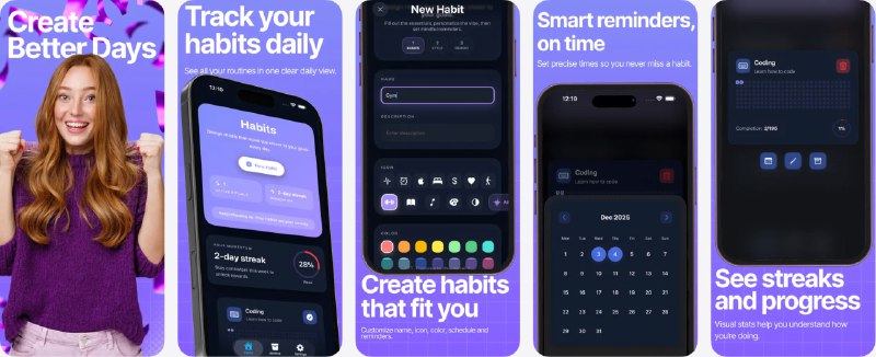 🧭 #应用限免 📂 软件名称：Tracking Habit: Daily Goals 🍏 支持平台：#iOS 17.0+ 📊 软件价格：内购限免（记得跳过试用界面） 🪟 软件简介：一款以习惯养成工具，支持自定义习惯与灵活安排频率，进度环展示会直观展示打卡情况与连续天数，您可为每个习惯设置独立提醒时间，让日常目标变成持续而有成就感的打卡旅程