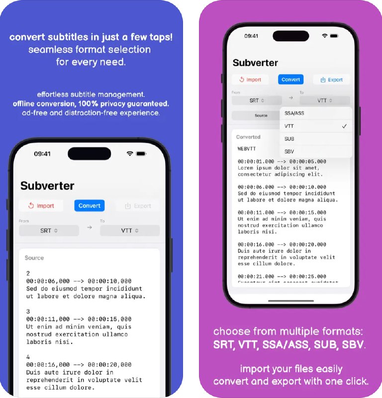 🧭 #应用限免 📂 软件名称：Subverter 🍏 支持平台：#iOS 16.0+ 📊 软件价格：¥15.00 -> ¥0.00 🪟 软件简介：一款快速转换字幕格式的应用，适合视频编辑、内容创作者或爱好者使用