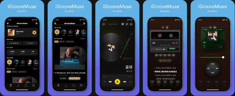 🧭 #应用限免 📂 软件名称：iGrooveMuse 🍏 支持平台：#iOS 18.0+ 📊 软件价格：内购限免 🪟 软件简介：一款强调“仪式感”和“美学”的沉浸式音乐播放器，提供黑胶唱片、磁带、CD、随身听等多种复古播放界面，以及唱片箱视图、CD 塔、艺人墙等沉浸式专辑管理方式