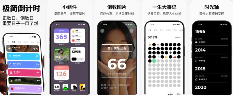 🧭 #应用限免 📂 软件名称：倒计时321-倒数纪念日 🍏 支持平台：#iOS 17.0+ 📊 软件价格：内购限免 🪟 软件简介：一款极简风格的倒数日和纪念日提醒工具，适合记录和管理各类重要日子，如生日、纪念日、考试、旅行等