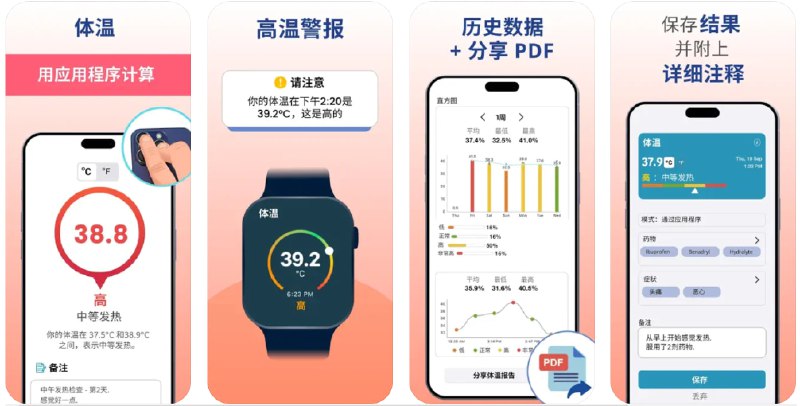 🧭 #应用限免 📂 软件名称：体温计, 温度计 - 体温 🍏 支持平台：#iOS 13.0+ 📊 软件价格：内购限免 🪟 软件简介：一款个人健康管理应用，设计用于帮助您记录和追踪体温变化