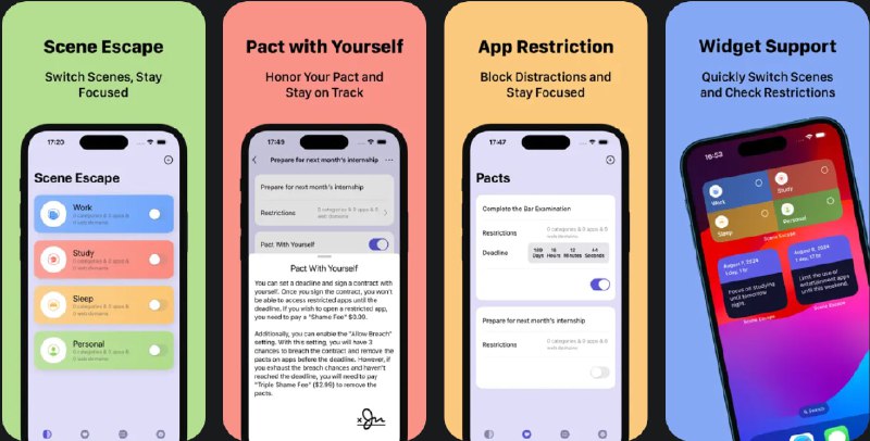🧭 #应用限免 📂 软件名称：SceneEscape|平衡工作生活，保持自我专注 🍏 支持平台：#iOS 17.0+ 📊 软件价格：内购限免 🪟 软件简介：一款帮助您提升专注力和效率的应用，您可以根据需要设置不同的场景来隐藏不同的APP，例如学习场景下隐藏社交、游戏软件，防止您分心