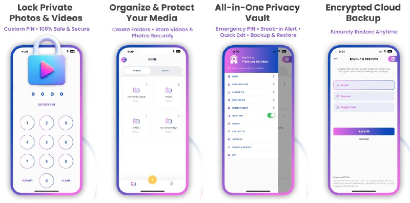 🧭 #应用限免 📂 软件名称：Video Lock - Photos & videos 🍏 支持平台：#iOS 15.6+ 📊 软件价格：内购限免 🪟 软件简介：一款照片和视频保险箱应用，支持 PIN 码保护，可以自定义应用图标和名称，伪装为工具类应用；支持制造“假保险箱”，在被强迫时可展示诱导内容；具备入侵警告功能，错误密码时拍照记录