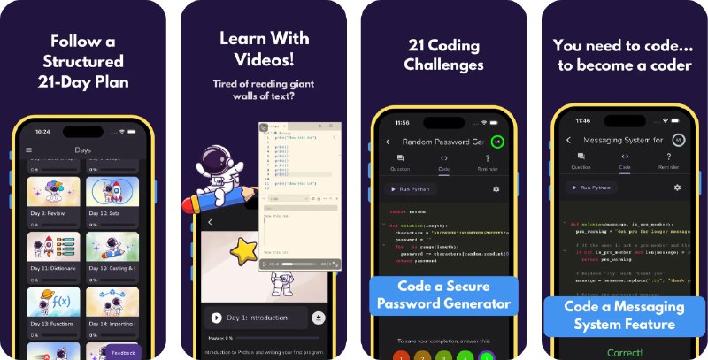 🧭 #应用限免 📂 软件名称：Learn Python in 21 Days 🍏 支持平台：#iOS 15+ 📊 软件价格：内购限免 🪟 软件简介：一款面向新手的 Python 编程自学应用，按照每日一讲的形式，带你系统掌握 Python 基础