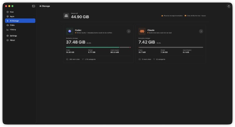 🧭 #优质应用 📂 软件名称：FindDiskKiller 🍏 支持平台：#macOS  📊 软件价格：免费 🪟 软件简介：一款磁盘活动监控工具，将应用磁盘 I/O、AI Agent 空间、文件活动与磁盘健康证据整合在一个原生 macOS 工作区中，可以安全地复核和清理不再需要的 Codex 与 Claude 对话，从而找出持续使用磁盘的具体应用、文件和设备