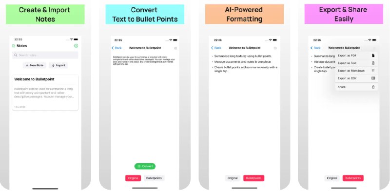 🧭 #应用限免 📂 软件名称：Bulletpoint: AI Text Converter 🍏 支持平台：#iOS 14.0+ 📊 软件价格：¥1.99 -> ¥0.00（外区） 🪟 软件简介：一款基于人工智能的文本转换工具，可帮助您将冗长的文本转换成精简的要点，适用于需要快速获取信息的用户，无论是处理文献、报告还是邮件，这款应用都可以通过自动化的方式提供简洁明了的摘要，提升工作和学习效率
