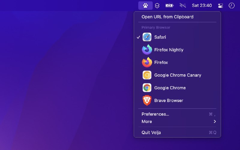 🧭 #优质应用  📂 软件名称：Velja 🍏 支持平台：#macOS 📊 软件价格：免费 🪟 软件简介：一款浏览器增强应用，让您可以跳过打开APP的弹窗，为每个 App 中的网页设定默认浏览器，并移除 URL 中的追踪元素，还支持从菜单栏中修改默认浏览器