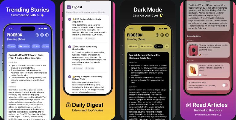 🧭 #应用限免 📂 软件名称：Pidgeon - Smart Trending News 🍏 支持平台：#iOS 18.0+ 📊 软件价格：内购限免 🪟 软件简介：一款智能新闻阅读器，提供全球头条新闻、即时洞察和 AI 生成的新闻摘要