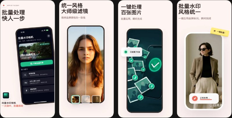 🧭 #应用限免 📂 软件名称：批量水印相机-图片批量加水印处理 🍏 支持平台：#iOS 18.0+ 📊 软件价格：￥8.00 -> ¥0.00 🪟 软件简介：一款批量图片处理工具，支持一次性为多张图片添加文字或图片水印，可自定义水印位置、大小和透明度，提供多款质感滤镜，支持无损导出保持原图画质