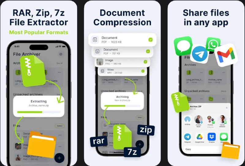🧭 #应用限免 📂 软件名称：RAR & Zip File Extractor 🍏 支持平台：#iOS 14.0+ 📊 软件价格：内购限免（需要代理） 🪟 软件简介：一款高效的文件解压和管理工具，能够处理多种压缩文件格式，包括RAR、ZIP、7z等