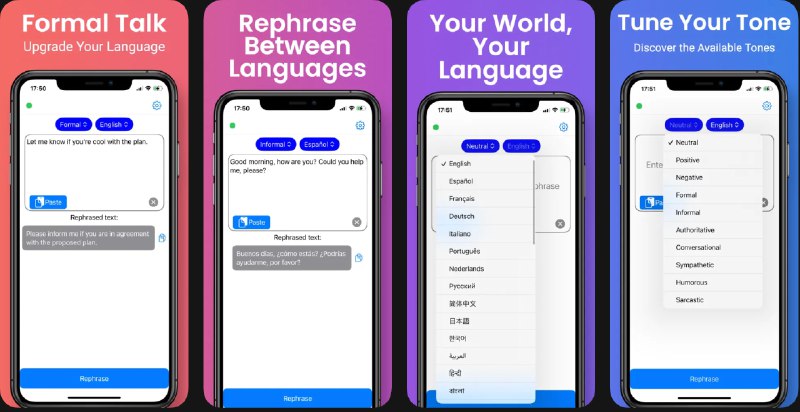 🧭 #应用限免 📂 软件名称：Rephraser 🍏 支持平台：#iOS 16.0+ 📊 软件价格：内购限免 🪟 软件简介：一款AI驱动的改写和语法修正工具，可轻松改写句子、调整语气、提升表达清晰度，支持多种语言，在保留原意的基础上转换文本，适合专业人士、学生和创意工作者使用