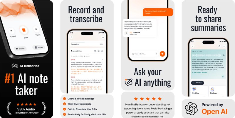🧭 #应用限免 📂 软件名称：AI Transcribe Speech to Text 🍏 支持平台：#iOS 17.0+ 📊 软件价格：内购限免（若显示原价，请重启应用） 🪟 软件简介：一款AI智能语音转录工具，可将音频实时转换为高精度文字转录，支持90多种语言