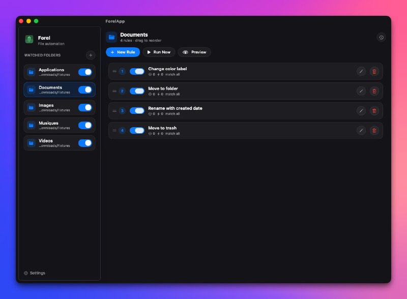 🧭 #优质应用 📂 软件名称：Forel  🍏 支持平台：#macOS  📊 软件价格：免费 🪟 软件简介：一款开源的 macOS 文件自动化工具，通过规则引擎实时监控文件夹，根据用户定义的条件（如文件名、扩展名、类型、大小、日期、标签或颜色标签）对文件进行自动操作，包括移动、重命名、标记、复制、删除或运行脚本