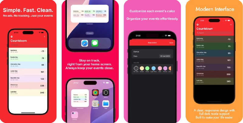 🧭 #应用限免 📂 软件名称：Countdown 🍏 支持平台：#iOS 16.0+ 📊 软件价格：¥8.00 -> ¥0.00 🪟 软件简介：一款帮您轻松记录和管理重要时刻的应用，您只需几个简单的手势便能添加、修改和管理事件，轻松记住和庆祝您生活中的每个重要时刻，您还可以在屏幕上添加事件小组件，随时留意相关事件的日期