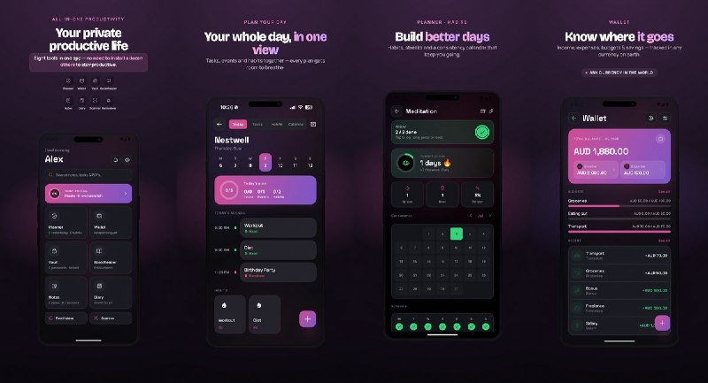 🧭 #应用限免 📂 软件名称：Nestwell: Private & Productive — Make Your Life Productive 🍏 支持平台：#iOS 15.6+ 📊 软件价格：免费 🪟 软件简介：一款隐私优先的多合一效率应用，集成日程、记账、笔记、日记、密码保险箱、PDF 阅读、文档扫描和提醒事项八大工具