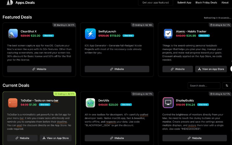 🧭 #优惠活动 📂 网站名称：Apps.Deals 🍏 支持平台：#macOS 🪟 网站简介：一个展示适用于macOS的应用优惠的网站，有屏幕截图和录制软件、任务管理器、时间管理工具、各种开发者工具、窗口管理器、文件管理以及AI助手等都在促销