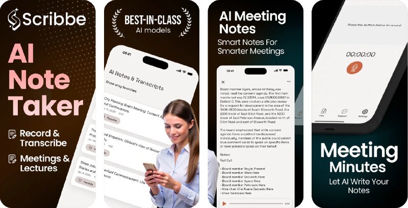 🧭 #应用限免 📂 软件名称：Scribbe AI Note Taker 🍏 支持平台：#iOS 13.4+ 📊 软件价格：内购限免 🪟 软件简介：一款音频记录和转写的AI助手应用，主要功能包括音频录制和处理、AI驱动的精准转写、智能内容分析和多场景应用