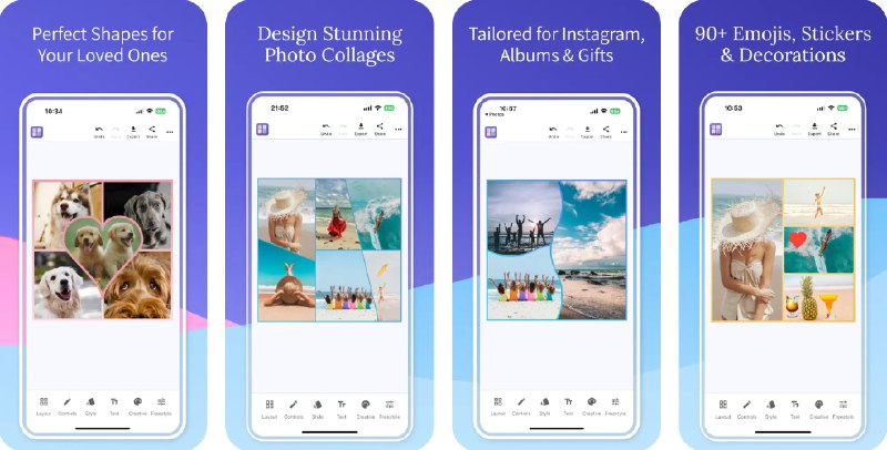 🧭 #应用限免 📂 软件名称：Photo Collage: Grid Maker 🍏 支持平台：#iOS 13.0+ 📊 软件价格：￥8.00 -> ¥0.00 🪟 软件简介：一款拼图与照片编辑器，拥有100+专业拼图模板，AI美颜滤镜，软件内置创意画笔、橡皮擦、贴纸库、丰富字体文本、十余种装饰边框等，并可自定义个性背景，支持照片自由排布、图层管理及批量处理，适用于创作社交动态、家庭相册、婚礼纪念、海报邀请等多种场景