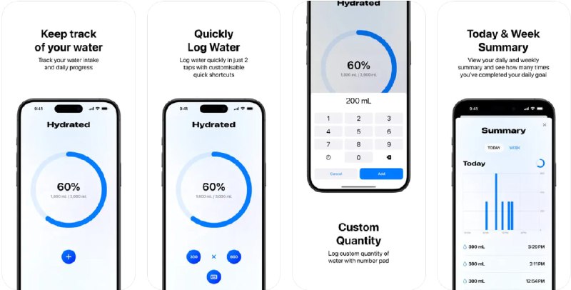 🧭 #应用限免 📂 软件名称：Hydrated: Log Water, Reminders 🍏 支持平台：#iOS 16.0+ 📊 软件价格：内购限免 🪟 软件简介：一款帮助您记录每日饮水量的应用