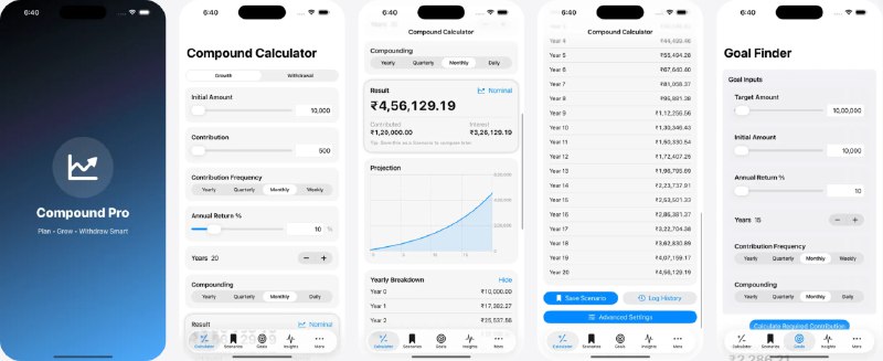 🧭 #应用限免 📂 软件名称：Compound Interest Calculator 🍏 支持平台：#iOS 17.6+ 📊 软件价格：内购限免 🪟 软件简介：一款专业的复利计算器应用，通过可视化复利的力量，您可以轻松规划和优化储蓄与投资