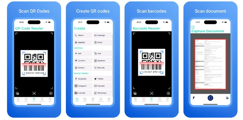 🧭 #应用限免 📂 软件名称：Scanner QR Code & Barcode 🍏 支持平台：#iOS 13.0+ 📊 软件价格：内购限免 🪟 软件简介：一款提供安全的QR码和条形码扫描功能的应用，您可以为您的Wifi、文本、地址、网页、社交媒体链接创建和分享多种带有加密密钥的QR码，还支持扫描文档 🕸 软件下载：点击下载