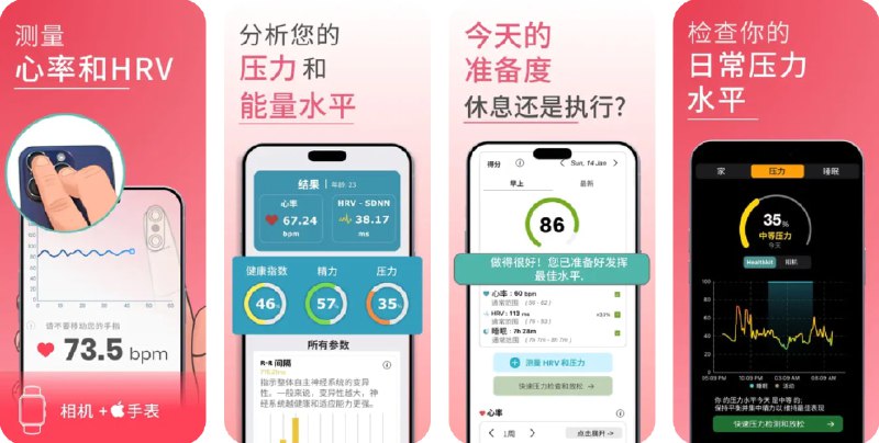 🧭 #应用限免 📂 软件名称：心率检测 压力自测 🍏 支持平台：#iOS 13.0+ 📊 软件价格：内购限免 🪟 软件简介：一款便捷的心率监测应用，帮助您随时了解自己的心率和压力水平