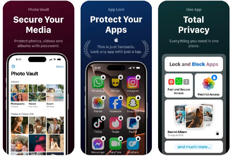🧭 #应用限免 📂 软件名称：Photo Vault 🍏 支持平台：#iOS 16.0+ 📊 软件价格：内购限免 🪟 软件简介：一款提供密码保护、便捷存储您的媒体文件的应用，可安全管理和保护您的照片和视频记忆，同时还能给应用上锁，防止无授权的访问