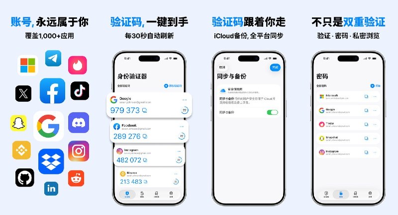 🧭 #应用限免 📂 软件名称：Authenticator App Vault+ 🍏 支持平台：#iOS 15.0+ 📊 软件价格：内购限免 🪟 软件简介： 一款双重认证密码管理器，支持 TOTP 动态验证码生成、iCloud 钥匙串跨设备同步备份，离线可用，兼容所有主流平台