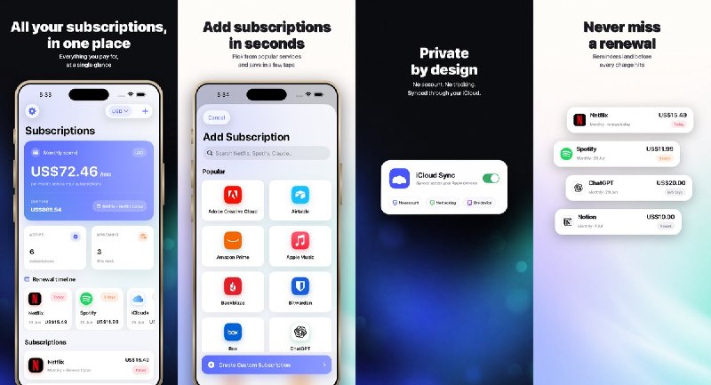 🧭 #优质应用 📂 软件名称：Tabi: Subscription Tracker-Bill reminders & spending 🍏 支持平台：#iOS 17.0+ 📊 软件价格：免费 🪟 软件简介：一款简洁的订阅管理工具，支持追踪流媒体、音乐、AI 工具、云存储等各类订阅服务的到期时间和费用支出，提供续费提醒、多币种支持、3000+ 服务品牌库快速添加，以及通过截图 / 收据导入订阅信息