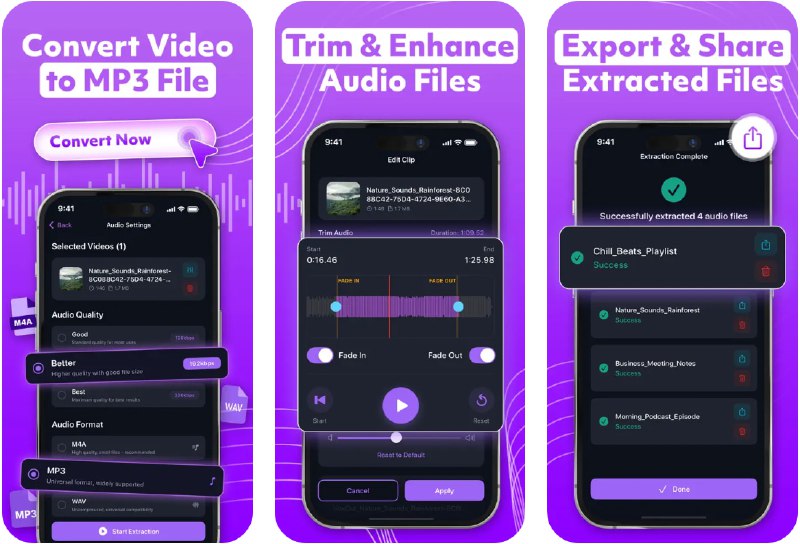 🧭 #应用限免 📂 软件名称：音频转换器: VoxCut 🍏 支持平台：#iOS 17.3+ 📊 软件价格：内购限免 🪟 软件简介：一款视频转音频工具，您可以快速将任意视频格式转换为MP3、M4A、WAV等音频格式，支持可视化波形编辑、音量调整、淡入淡出等专业音频处理功能，并可批量提取音频、一次处理整个播放列表，适合制作铃声、播客、提取音乐等多种场景