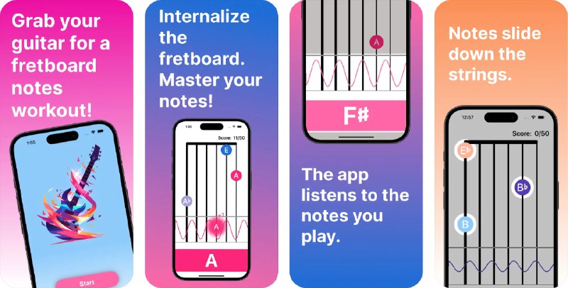 🧭 #应用限免 📂 软件名称：FretFluent - Fretboard Notes 🍏 支持平台：#iOS 16.0+ 📊 软件价格：¥8.00 -> ¥0.00 🪟 软件简介：一款吉他学习应用，可以通过互动游戏的方式，使吉他练习变得有趣且富有成效