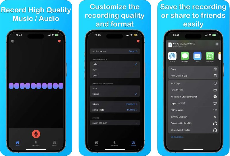 🧭 #应用限免 📂 软件名称：Music Recorder - Record Song 🍏 支持平台：#iOS 15.0+ 📊 软件价格：内购限免 🪟 软件简介：一款高质量的音频录制工具，支持录制音乐、日常对话或乐器演奏