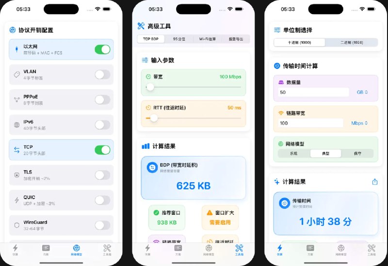 🧭 #优质应用 📂 软件名称：带宽计算器 🍏 支持平台：#iOS 17.6+ 📊 软件价格：免费 🪟 软件简介：一款网络工程师的专业工具，提供网络带宽计算、传输时间估算、协议开销分析等功能，适用于网络规划、故障排查与性能优化