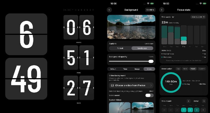 🧭 #应用限免 📂 软件名称：FlipScape · 翻页专注时钟 🍏 支持平台：#iOS 17.0+ 📊 软件价格：内购限免 🪟 软件简介：一款将动态场景氛围与翻页时钟结合的专注应用，支持晨/午/昏/夜氛围切换、多款翻页表盘与主题、普通专注与番茄计时、白噪音环境音、备忘录提醒