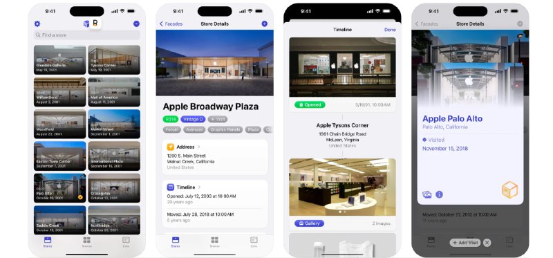 🧭 #优质应用 📂 软件名称：Facades 🍏 支持平台：#iOS 17.0+ 📊 软件价格：免费 🪟 软件简介：一款提供关于Apple Store的领域指南的应用，您用户可以浏览、发现和收藏超过 500 个网点，支持跟踪浏览和搜索商店，并研究趋势和统计数据