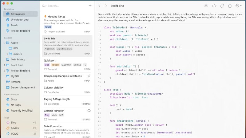 🧭 #优质应用 📂 软件名称：SnippetsLab 🍏 支持平台：#macOS 12.0+ 📊 软件价格：免费 🪟 软件简介：一款代码、命令管理应用，专为开发者设计，帮助您高效、智能地管理代码片段和技术笔记
