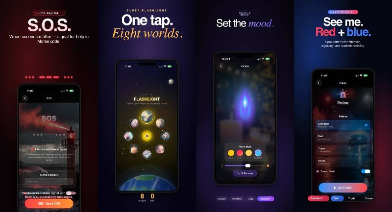 🧭 #应用限免 📂 软件名称：Super Flashlight 🍏 支持平台：#iOS 26.0+ 📊 软件价格：￥8.00 -> ¥0.00 🪟 软件简介： 一款强力手电筒应用，拥有 LED 手电、屏幕灯、频闪、SOS 求救信号、彩色特效（脉冲/彩虹/渐变/波浪/呼吸）、蜡烛氛围灯（经典/浪漫/舒适/冥想）、警灯闪烁和迪斯科音乐律动共 8 种模式，适合日常照明、紧急情况、派对氛围等场景