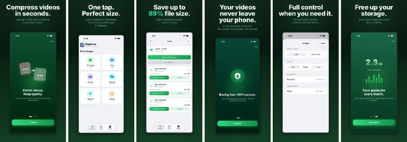 🧭 #应用限免 📂 软件名称：Squeeze-视频压缩 🍏 支持平台：#iOS 16.0+ 📊 软件价格：内购限免 🪟 软件简介：一款本地视频压缩工具，可将视频最多缩小90%且无明显画质损失，支持H.264/H.265硬件加速编码，内置WhatsApp、Instagram、TikTok等平台一键预设，方便您快速导出分享