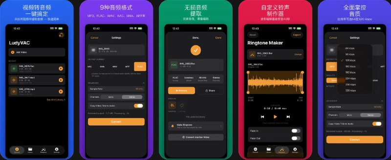 🧭 #应用限免 📂 软件名称：LudyVAC - 视频转音频 🍏 支持平台：#iOS 17.0+ 📊 软件价格：内购限免 🪟 软件简介：一款专业的视频转音频工具，支持9种音频格式（MP3、FLAC、WAV等），可以从视频中提取音频，制作iPhone铃声，支持批量转换和音频剪辑功能，所有处理都在设备上完成，保护用户隐私