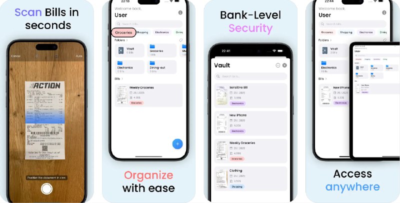🧭 #应用限免 📂 软件名称：Billify: Scan your bills 🍏 支持平台：#iOS 16.6+ 📊 软件价格：内购限免 🪟 软件简介：一款简洁的收据管理应用，主要功能包括快速收据扫描、智能分类、关键词搜索、支出跟踪、多设备同步等，让您可以随时掌握自己的支出情况