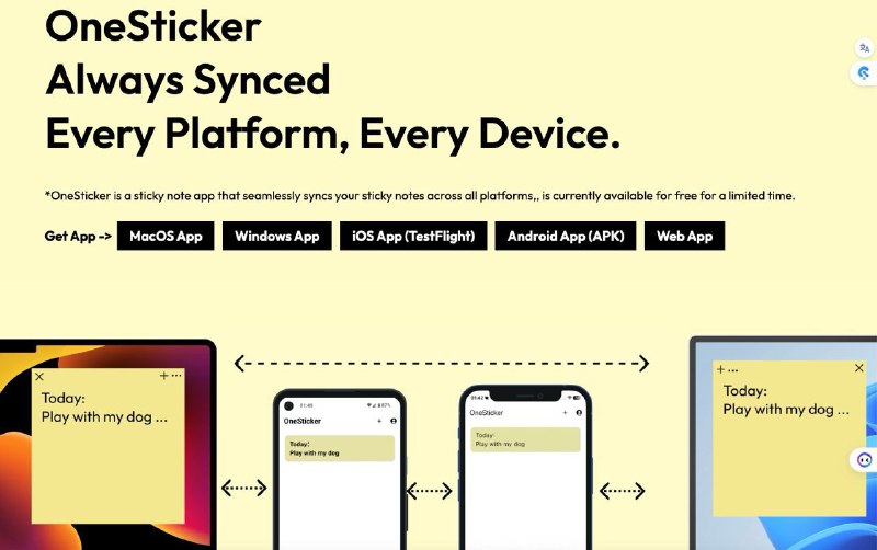 🧭 #应用限免 📂 软件名称：OneSticker 🍏 支持平台：#iOS #macOS #Windows  📊 软件价格：早鸟免费 🪟 软件简介：一款全平台便签应用，您可以自由撰写提醒事项，软件会自动帮您将内容显示到多台设备的小组件中，方便您集中注意力到优先考虑的事项 🕸 软件下载：点击下载