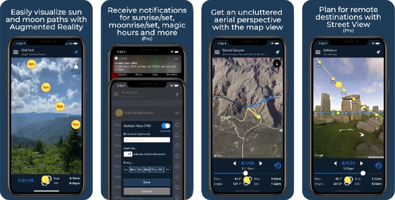 🧭 #应用限免 📂 软件名称：Lumos: Sun and Moon Tracker 🍏 支持平台：#iOS 15.0+ 📊 软件价格：¥15.00 -> ¥0.00（仍有内购） 🪟 软件简介：一款可以准确预测太阳和月亮在任何时间、任何日期、任何地点位置的应用
