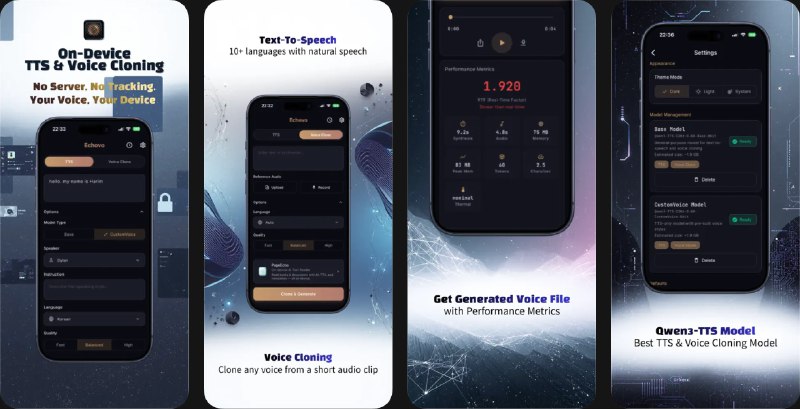 🧭 #应用限免 📂 软件名称：Echovo - TTS & Voice Cloning 🍏 支持平台：#iOS 17.0+ 📊 软件价格：￥8.00 -> ¥0.00 🪟 软件简介：一款本地运行的 AI 文本转语音与变声克隆工具，支持输入文本生成自然语音，或录制 / 导入音频一键克隆声音，可在英文、中文、日语、韩语、德语、法语等 11 种语言中合成语音，并提供自动语言识别