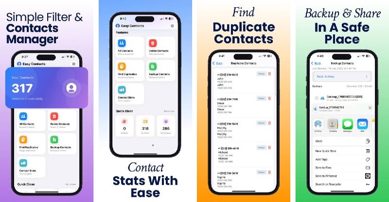 🧭 #应用限免 📂 软件名称：Easy Contacts 🍏 支持平台：#iOS 16.0+ 📊 软件价格：内购限免 🪟 软件简介：一款通讯录清理管理工具，支持智能检测合并重复联系人（相同姓名/电话/邮箱）、删除不完整条目（无名/无号/无邮箱）、一键备份恢复（.vcf格式），操作前预览确认不误删