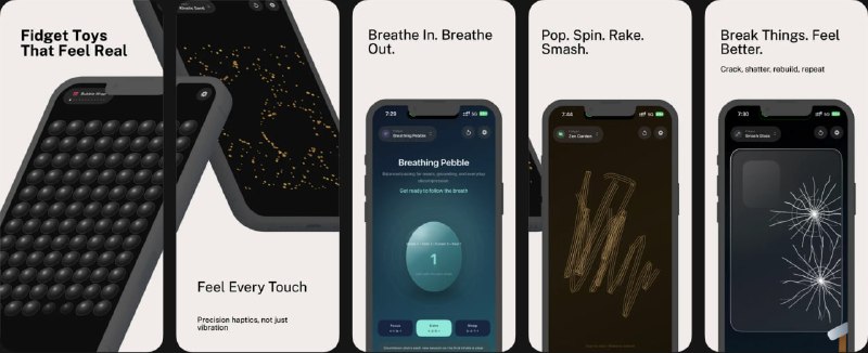🧭 #应用限免 📂 软件名称：Taptic Fidget: Stress Relief 🍏 支持平台：#iOS 17.0+ 📊 软件价格：内购限免 🪟 软件简介：一款解压应用，内置10+种手工解压玩具——泡池纸、开关、拨号盘、解压陀螺、动力沙、机械键盘、陀螺球、呼吸光球、碎玻璃、禅意花园等，通过实时合成音效+物理模拟实现