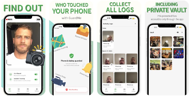 🧭 #应用限免 📂 软件名称：GuardMe: Who Touched My Phone 🍏 支持平台：#iOS 15.1+ 📊 软件价格：内购限免（订阅按钮点不动请重启应用） 🪟 软件简介：一款专注于防盗和隐私防护的工具，帮助你监控和捕捉任何可能擅自解锁你手机的人，解锁手机时，应用会自动触发拍照并将照片安全存储于日志中，用于事后查证