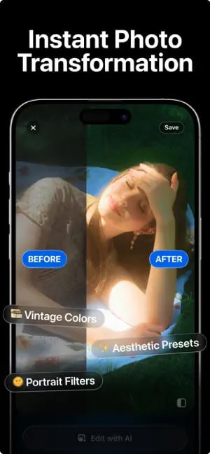 🧭 #应用限免 📂 软件名称：Photo CamAI 🍏 支持平台：#iOS 18.5+ 📊 软件价格：终身版-> ¥0.00 🪟 软件简介：一款由人工智能驱动的照片编辑器，只需导入照片并轻触一次，应用程序便会利用设备上的AI技术分析光线、色彩、主体和场景，自动应用最适合的增强效果