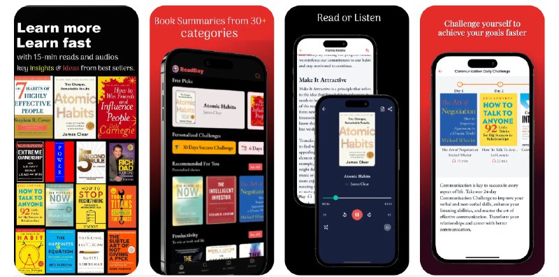🧭 #应用限免 📂 软件名称：ReadBay: Great Book Summaries 🍏 支持平台：#iOS 13.4+ 📊 软件价格：内购限免 🪟 软件简介：一款提供世界著名书籍关键观点的阅读应用，涵盖自我成长、生产力、商业等多个主题
