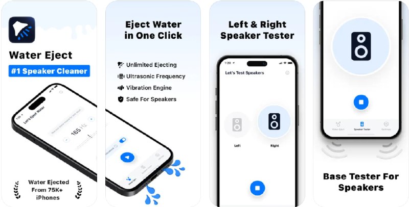 🧭 #应用限免 📂 软件名称：Water Eject - Speaker Cleaner 🍏 支持平台：#iOS 16.0+ 📊 软件价格：内购限免 🪟 软件简介：一款通过高/低频声音和振动帮助清除iPhone扬声器中水的应用，提供手动和自动清洁模式、扬声器测试和低音测试功能