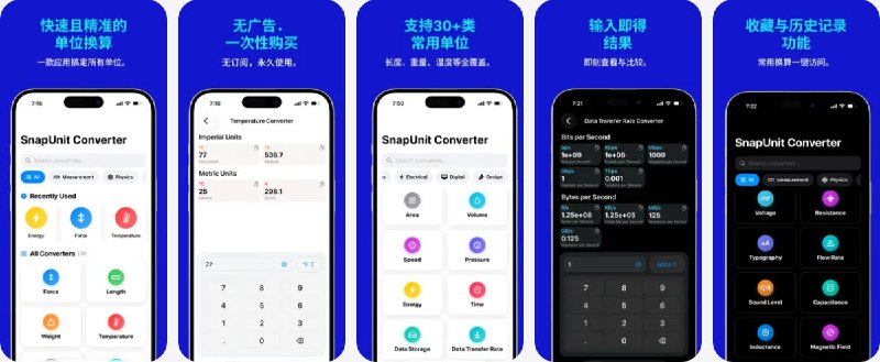 🧭 #应用限免 📂 软件名称：SnapUnit - 单位换算器 🍏 支持平台：#iOS 17.0+ 📊 软件价格：￥38.00 -> ¥0.00 🪟 软件简介：一款单位换算工具，支持 30+ 大类、数百种单位，涵盖长度、质量、温度、面积、体积、速度、压力、能量、时间、数据存储/传输、电力、电压、电阻、油耗、扭矩、密度、磁场等专业和日常常用项目